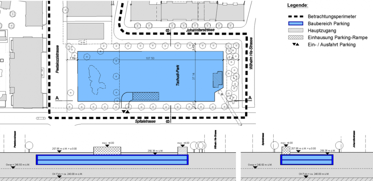 Bebauungsplan: Das unterirdische Spitalparking unter dem Tschudi-Park schafft einen direkten Zugang zum UKBB und sorgt damit für kurze Wege.